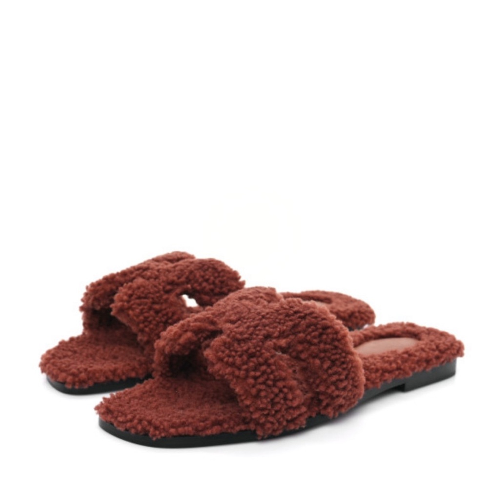 Hermes Cozy Brown wool H  Slide Sandals
